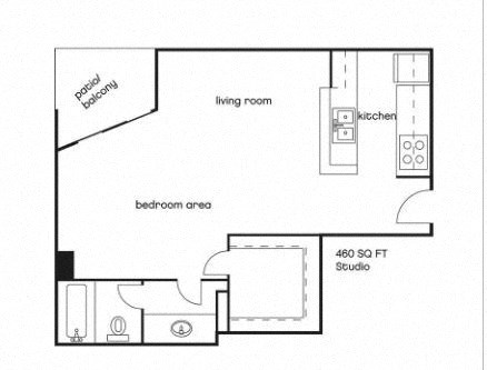 Floor plan for studio, 1 bath, 463 sqft